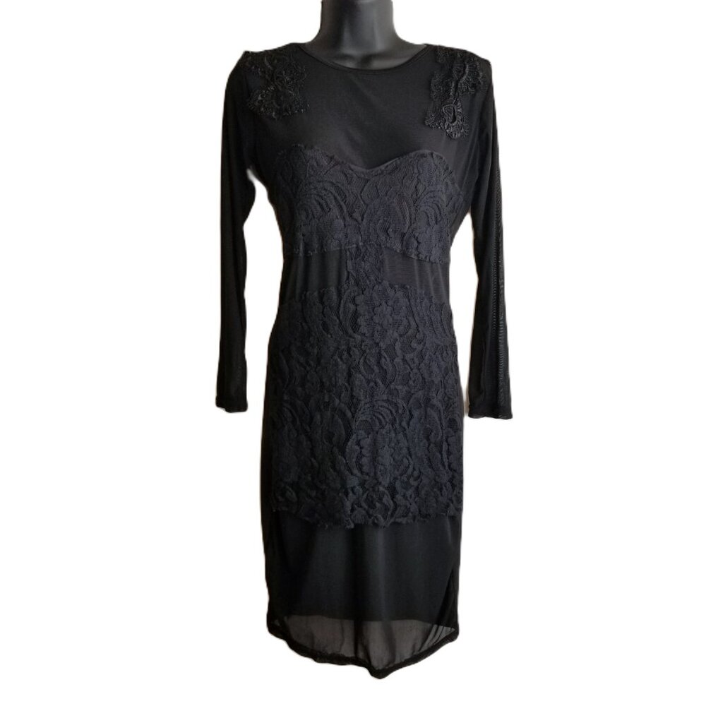 Black Lace Long Sleeve Dress Sheer Gothic Dark Romance Witchy Size S/M
